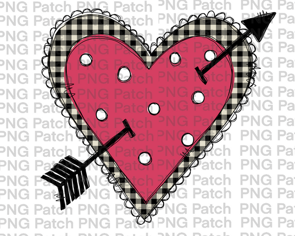 Big Pink Heart, Dots with White Buffalo Plaid Outline , Valentine's Day PNG File, Love Sublimation Design