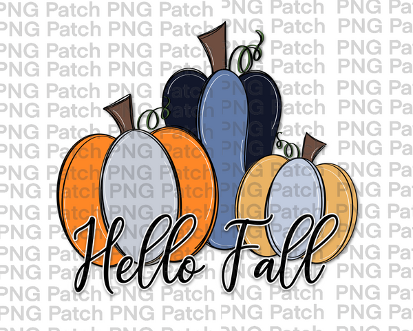 Blue, Orange and Gold Pumpkin Trio, Hello Fall, Fall PNG File, Pumpkin Sublimation Design