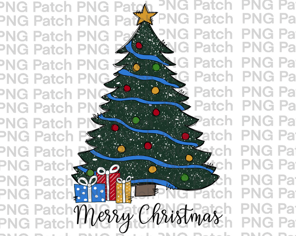 Merry Christmas, Christmas Tree with Blue, Red, and Yellow , Christmas PNG File, Holiday Sublimation Design