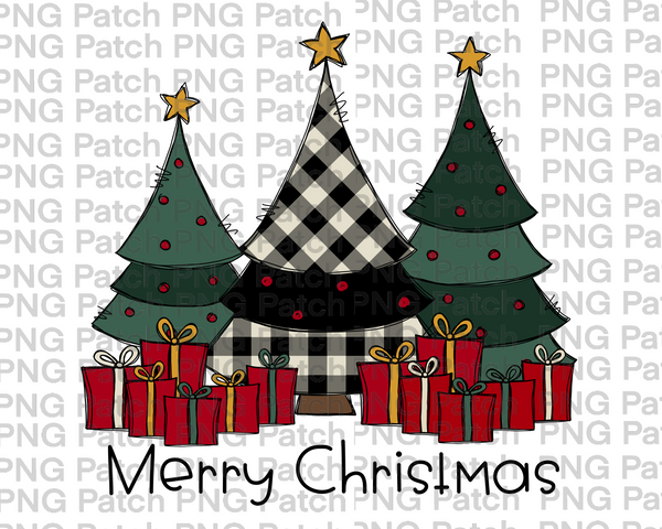 Merry Christmas with White Buffalo Plaid Christmas Tree and Presents , Christmas Sublimation Design, Holiday PNG File