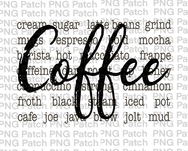 Coffee Words, Fun Quotes Sublimation Design, Coffee PNG File