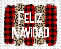 Feliz Navidad with Buffalo Plaid and Leopard Print Background, Christmas Sublimation Design, Holiday PNG File