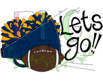 Let's Go! Blue and Gold Football with Megaphone and Pom Poms, Football and Cheerleading PNG File, Team Sublimation Design