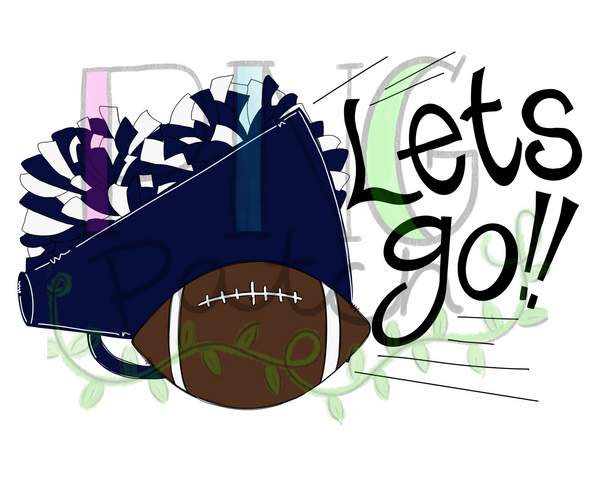 Let's Go! Navy and White Football with Megaphone and Pom Poms, Football PNG File