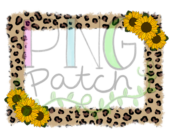 Torn Edge Leopard Print Frame with Sunflowers, Flower PNG File, Leopard Print Monogram Frame Sublimation Design