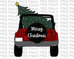 Red Christmas Topless SUV with Christmas Tree and Lights , Red Christmas Truck PNG File and Sublimation Design