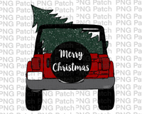 Red Christmas Topless SUV with Christmas Tree, Red Christmas Truck PNG File and Sublimation Design