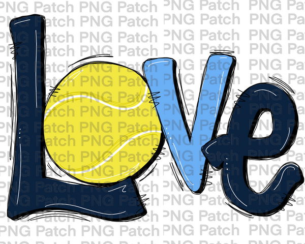 Navy and Columbia Blue Love with Tennis Ball, Tennis PNG File, Racket Sublimation Design