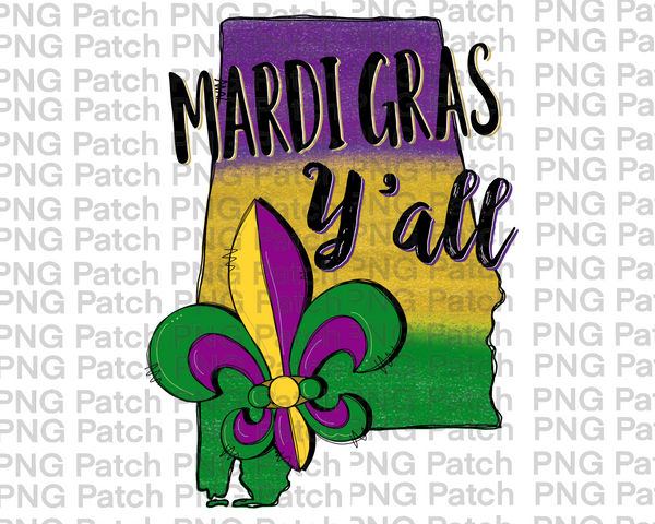 Mardi Gras Y'all, Fleur De Lis, Alabama , Mardi Gras PNG File, Alabama Sublimation Design