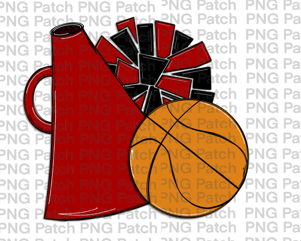 Red and Black, Megaphone Pom Poms and Basketball, Basketball PNG File, Cheerleader Sublimation Design