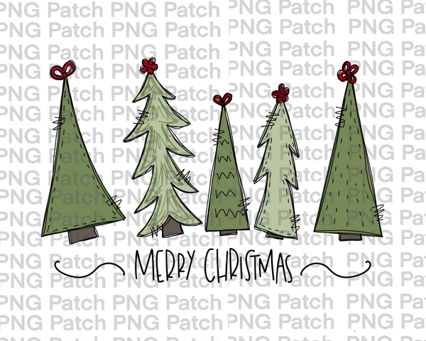 Merry Christmas with Five Cute Trees, Christmas Scribble Doodles , Christmas PNG File, Holiday Sublimation Design