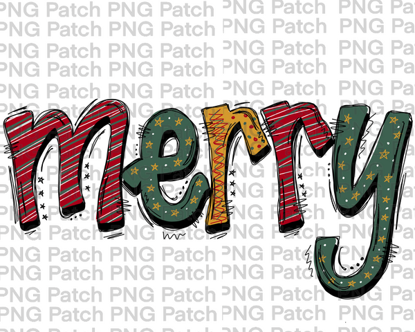 Merry, Christmas Scribble Doodles , Christmas PNG File, Holiday Sublimation Design.