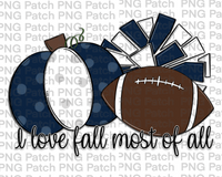 I love Fall Most of All, Pumpkin, Pom Poms, Football, Navy and White, Fall PNG File, Football Sublimation Design