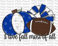 I love Fall Most of All, Pumpkin, Pom Poms, Football, Royal Blue and White, Fall PNG File, Football Sublimation Design