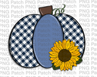 Blue and Leopard Print Pumpkin with Sunflower, Fall PNG File, Gingham Print Sublimation Design