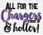 All for the Chargers Stand Up & Holler!, Purple Mascot PNG File, Team Sublimation Design