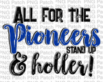 All for the Pioneers Stand Up & Holler!, Purple Mascot PNG File, Team Sublimation Design