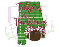 Tailgates & Touchdowns, State of Alabama with Football Field Background,  Crimson and White Pom Poms and Football, Football and Cheerleading PNG File and Sublimation Design