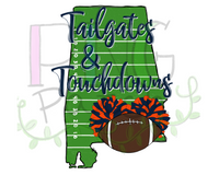 Tailgates & Touchdowns, State of Alabama with Football Field Background,  Orange and Blue Pom Poms and Football, Football and Cheerleading PNG File and Sublimation Design