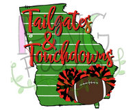 Tailgates & Touchdowns, State of Georgia with Football Field Background,  Black and Red Pom Poms and Football, Football and Cheerleading PNG File and Sublimation Design