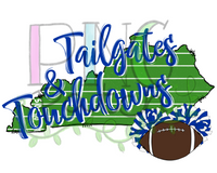 Tailgates & Touchdowns, State of Kentucky with Football Field Background, Royal Blue and White Pom Poms and Football, Football and Cheerleading PNG File and Sublimation Design