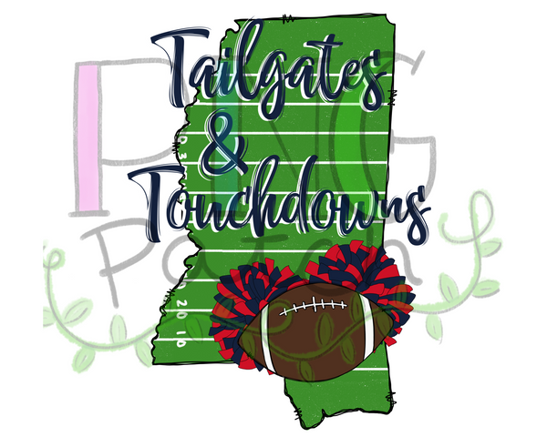 Tailgates & Touchdowns, State of Mississippi with Football Field Background,  Blue and Red Pom Poms and Football, Football and Cheerleading PNG File and Sublimation Design