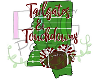 Tailgates & Touchdowns, State of Mississippi with Football Field Background,  Maroon and White Pom Poms and Football, Football and Cheerleading PNG File and Sublimation Design