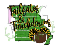 Tailgates & Touchdowns, State of Missouri with Football Field Background,  Black and Gold Pom Poms and Football, Football and Cheerleading PNG File and Sublimation Design.