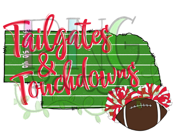 Tailgates & Touchdowns, State of Nebraska with Football Field Background, Red and White Pom Poms and Football, Football and Cheerleading PNG File and Sublimation Design