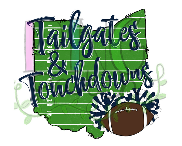 Tailgates & Touchdowns, State of Ohio with Football Field Background,  Navy and White Pom Poms and Football, Football and Cheerleading PNG File and Sublimation Design