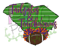 Tailgates & Touchdowns, State of South Carolina with Football Field Background,  Purple and Orange Pom Poms and Football, Football and Cheerleading PNG File and Sublimation Design