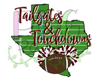 Tailgates & Touchdowns, State of Texas with Football Field Background,  Maroon and White Pom Poms and Football, Football and Cheerleading PNG File and Sublimation Design