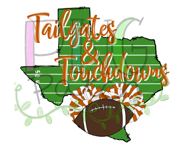 Tailgates & Touchdowns, State of Texas with Football Field Background,  Orange and White Pom Poms and Football, Football and Cheerleading PNG File and Sublimation Design