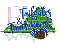 Tailgates & Touchdowns, State of Virginia with Football Field Background, Royal Blue and White Pom Poms and Football, Football and Cheerleading PNG File and Sublimation Design