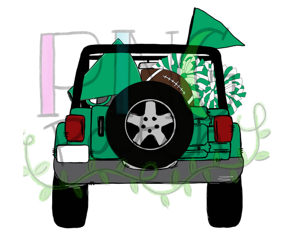 Topless Green and White SUV with Football Tailgating , Football and Cheerleading PNG File and Sublimation Design