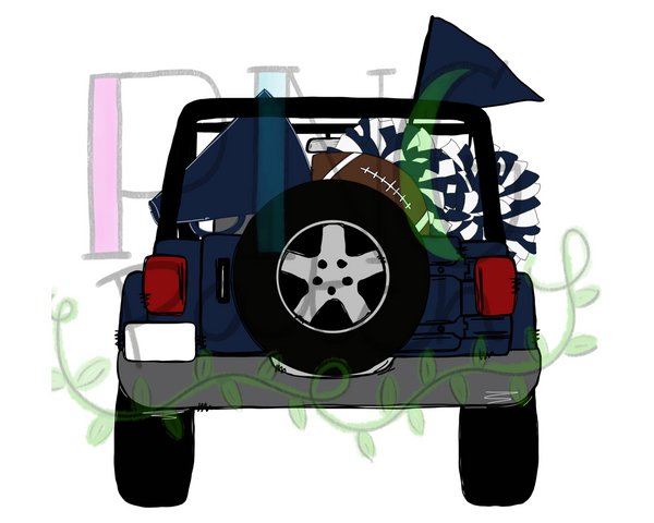 Topless Navy and White SUV with Football Tailgating , Football and Cheerleading PNG File and Sublimation Design