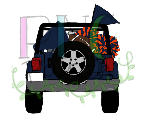 Topless Navy Blue and Orange SUV with Football Tailgating , Football and Cheerleading PNG File and Sublimation Design