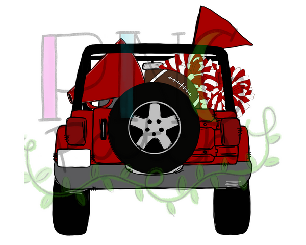 Topless Red and White SUV with Football Tailgating , Football and Cheerleading PNG File and Sublimation Design