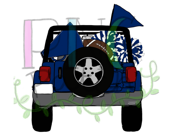 Topless Blue and White SUV with Football Tailgating , Football and Cheerleading PNG File and Sublimation Design