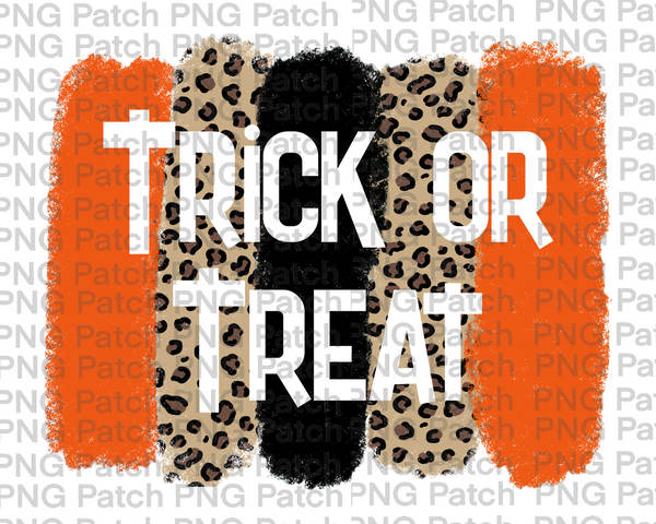 Trick Or Treat with Orange, Black and Leopard Print Background, Halloween Sublimation Design, Spooky PNG File