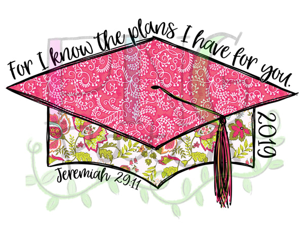 2019 Pink Floral Damask Graduation Cap, For I Know the Plans I have for You, Graduation PNG Files for Sublimation